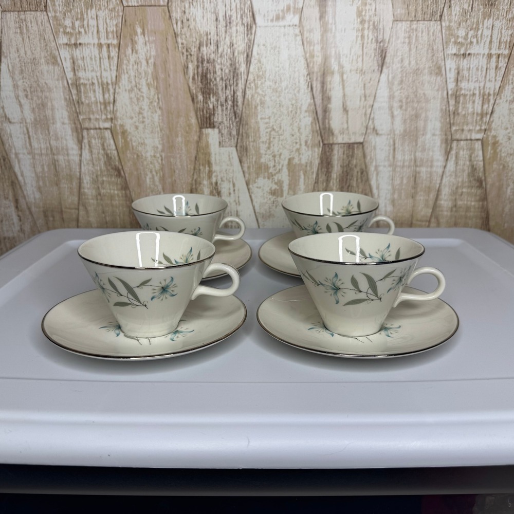 Vintage Homer Laughlin Triumph Cynthia Teacup & Saucer Set of 4 Silver Trim